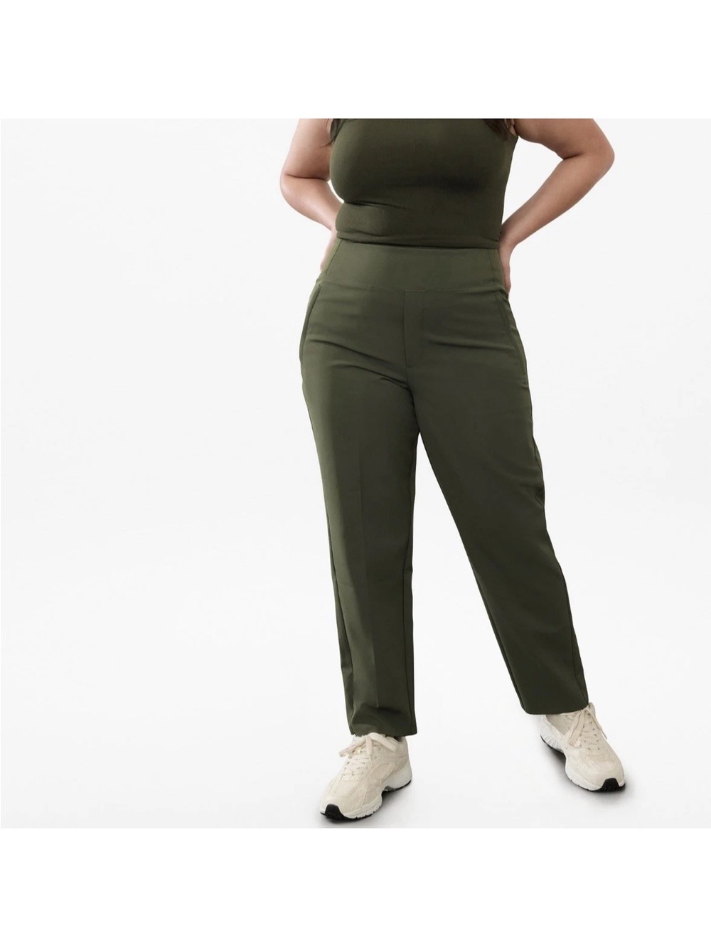 Athleta Endless High Rise Pants Olive Green Sz 20 Stretch Office Travel Minimal